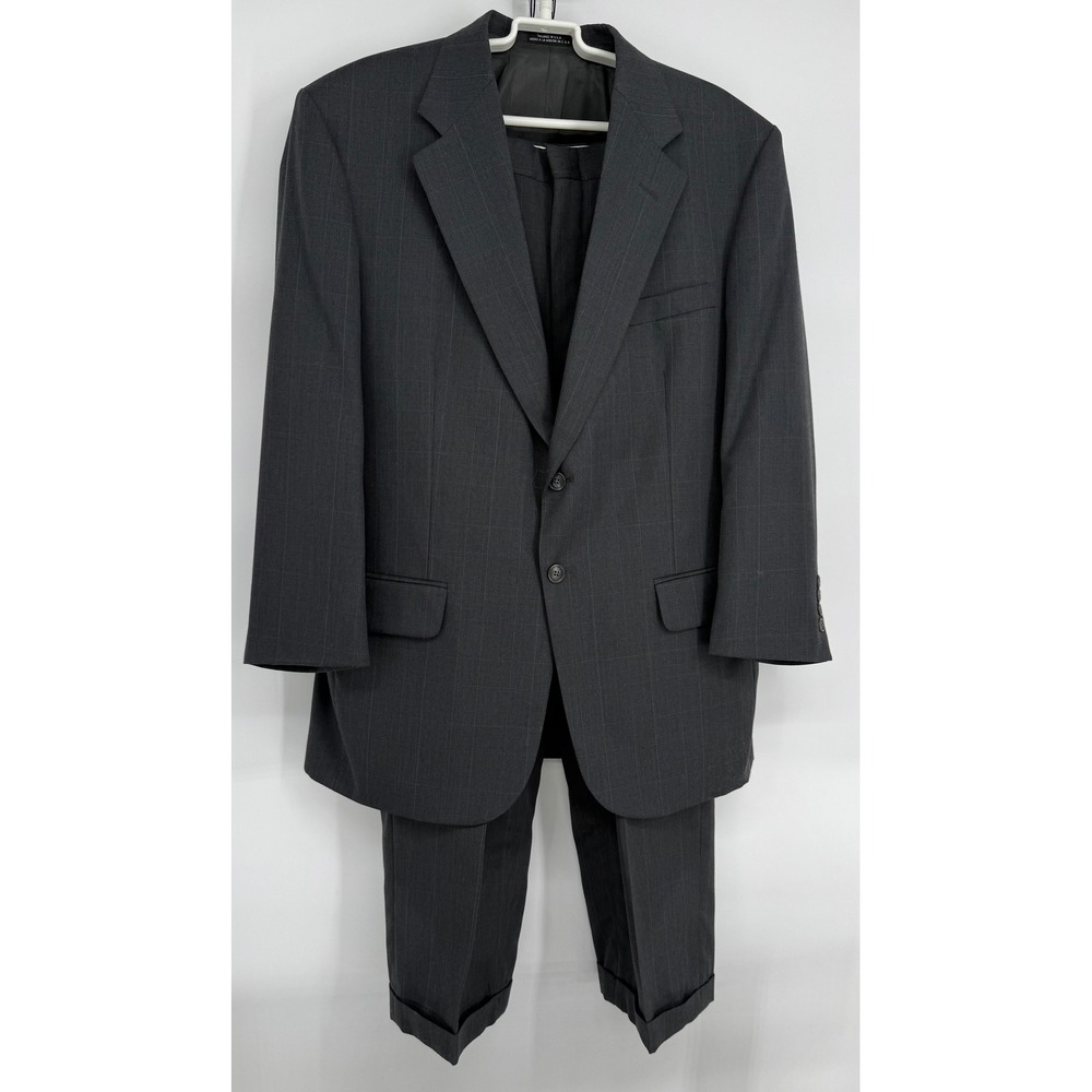 Stafford Mens‎ Charcoal Gray Windowpane Worsted Wool Blend Suit Sz 42R 38x30